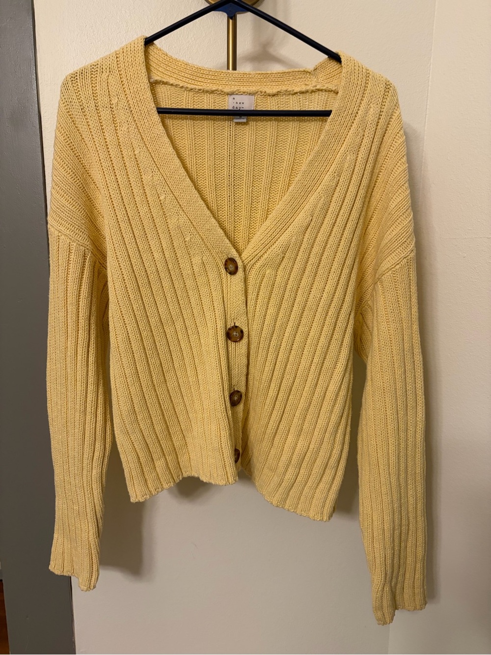 a new day Yellow Ribbed V-Neck Button Cardigan
